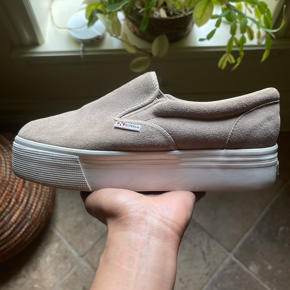 Tan suede platform Superga slip-ons